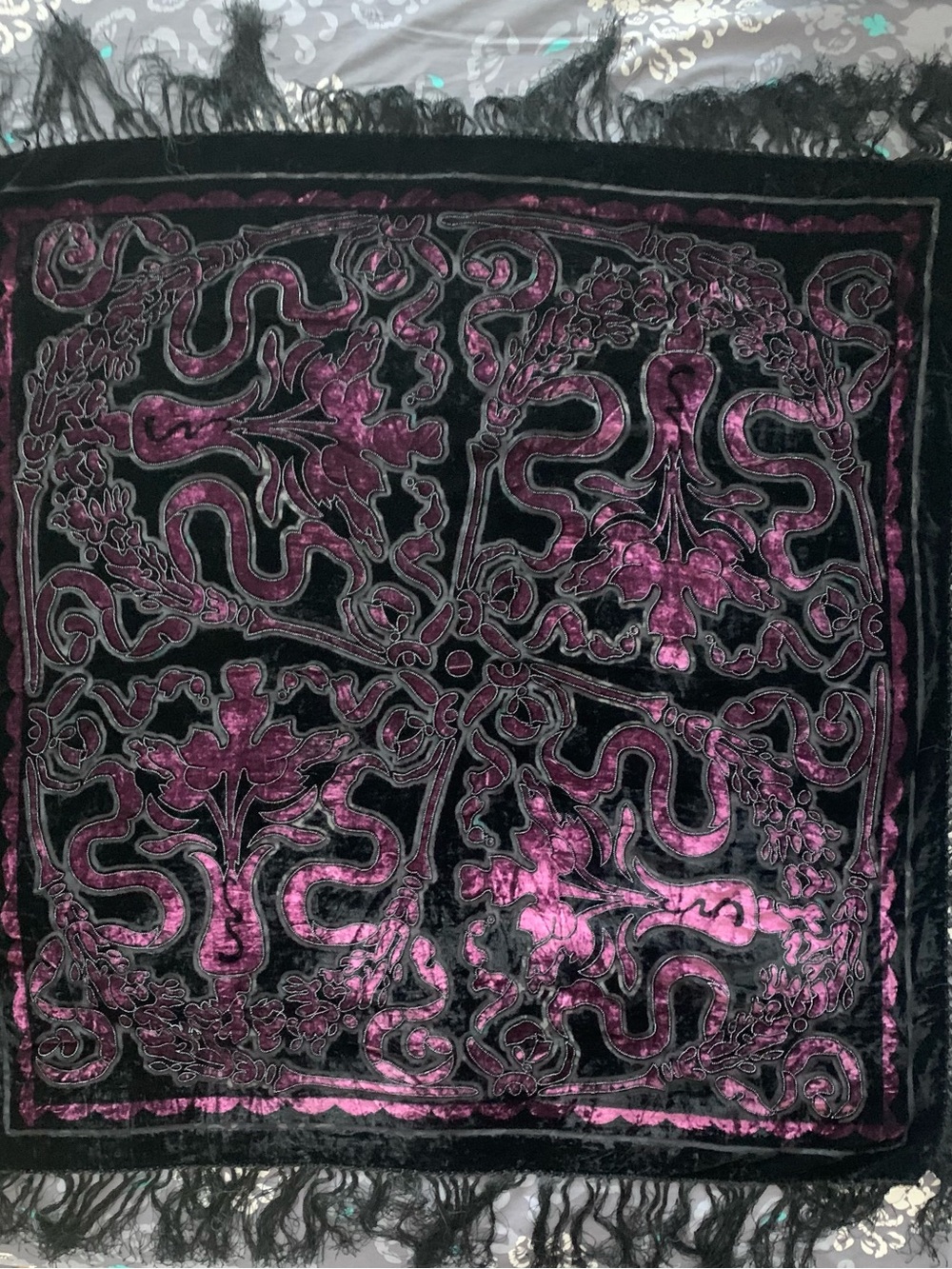 Black and Purple/Burgundy Velvet Patterned Shawl Scarf - Women Accessories